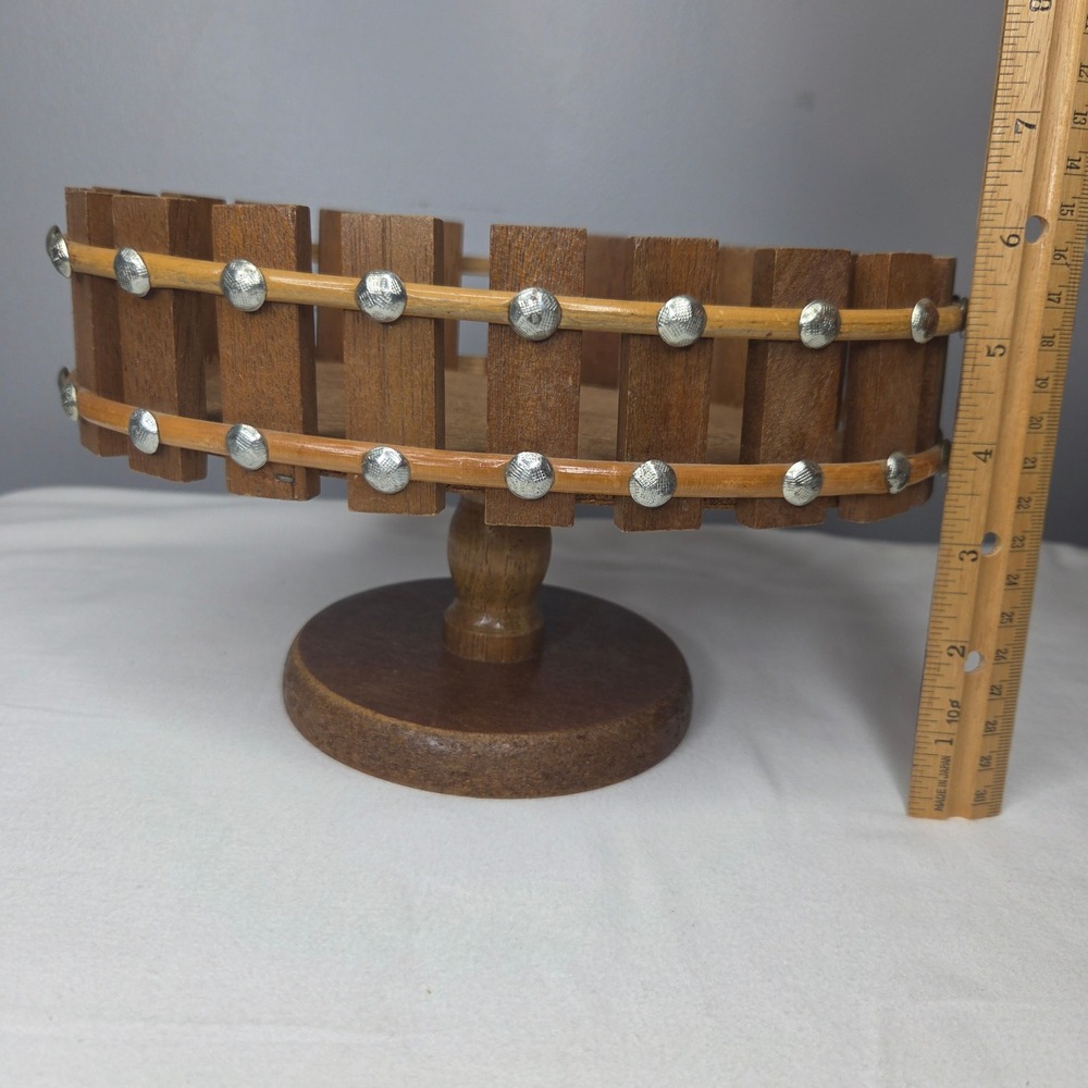 Vintage Rustic Wood Slat Pedestal Basket Oval Studded Fruit Bowl Farmhouse Decor